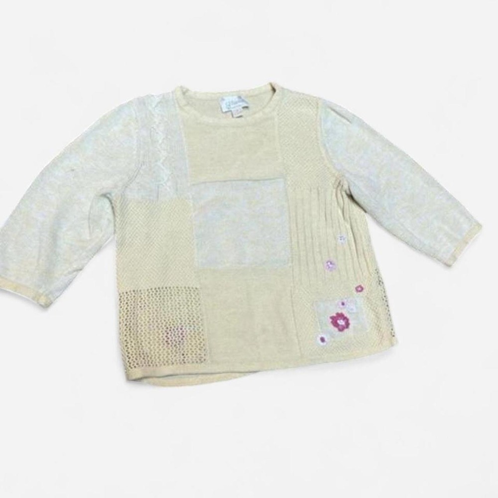 CJ Banks Patchwork Knit Sweater Cream Yellow Floral Hand Embroidered 1X Vintage